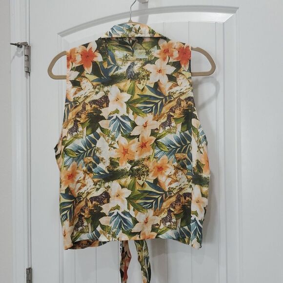 Panama Jack Tropical Floral Safari Zebra Linen Blend Sleeveless Top Size Large - Picture 6 of 6